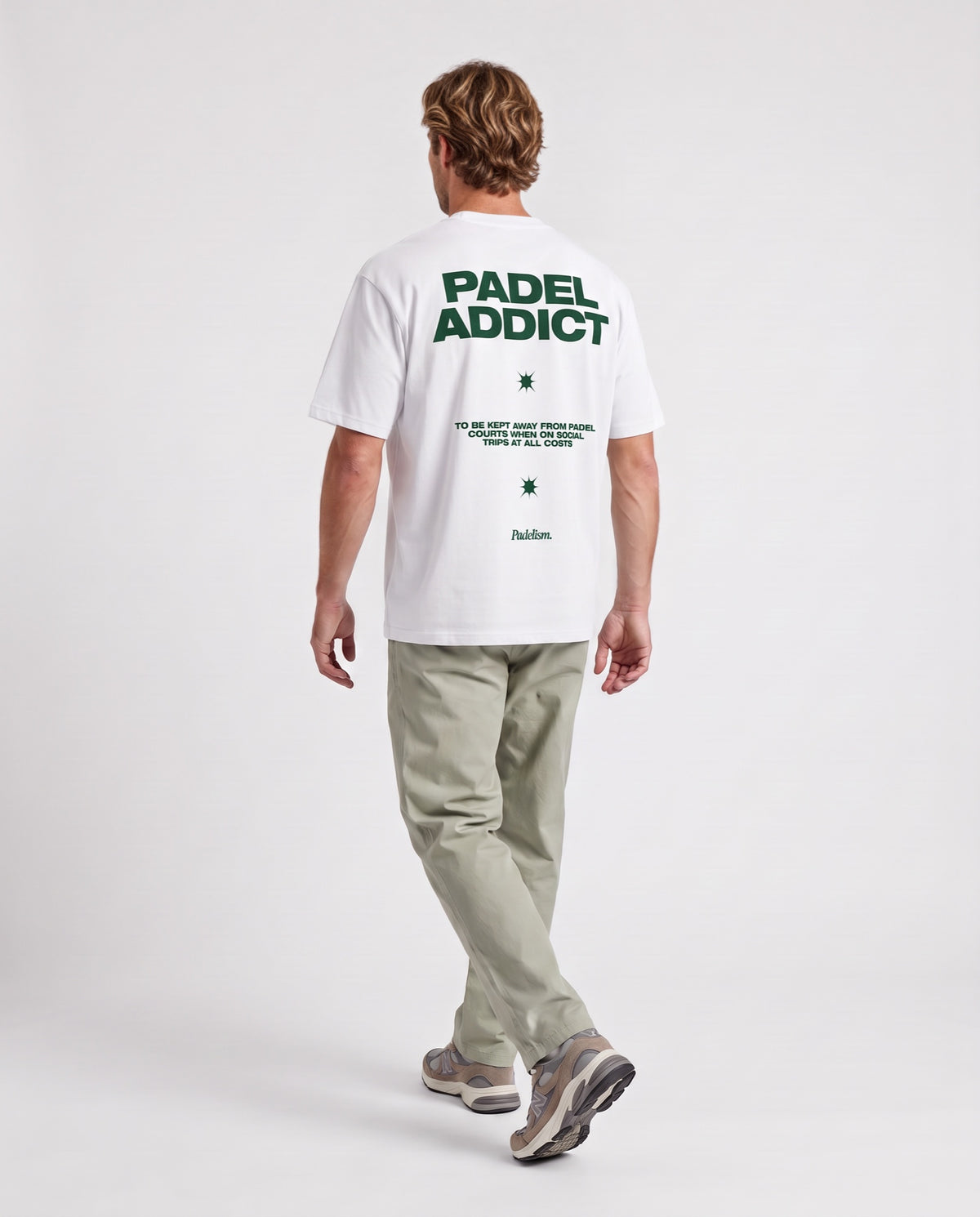 Padel Addict - Heavyweight T-Shirt in White, worn on model, man, back walk