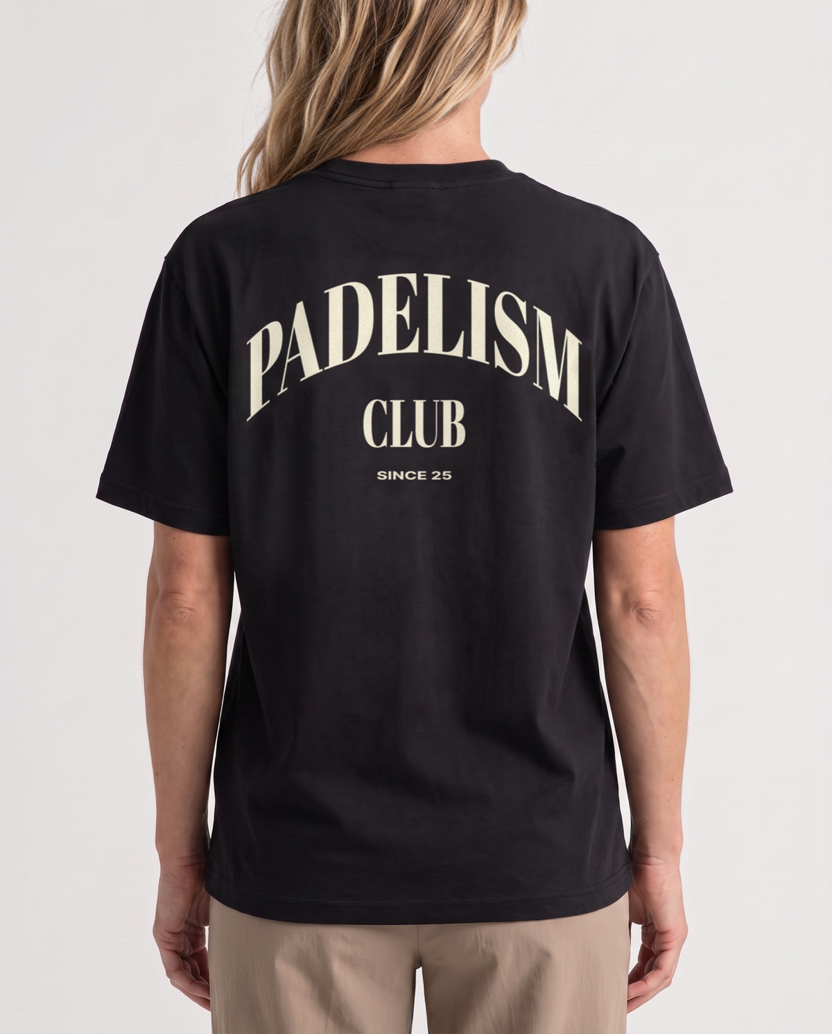 Padelism Club 25 - Heavyweight T-Shirt in Black, worn on model, woman, back close