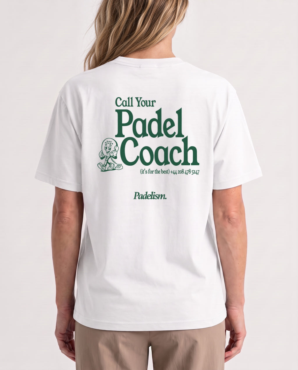 Padel Coach - Heavyweight T-Shirt in White, worn on model, woman, back close