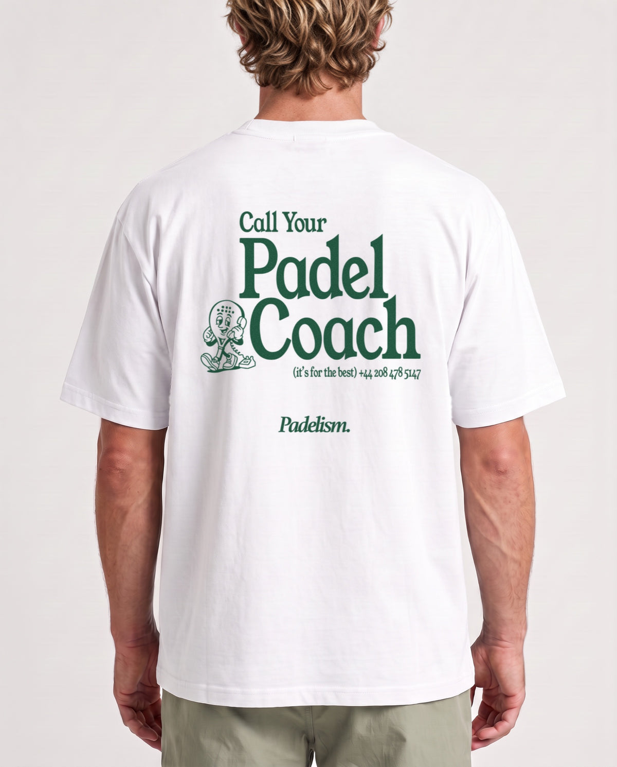 Padel Coach - Heavyweight T-Shirt in White, worn on model, man, back close