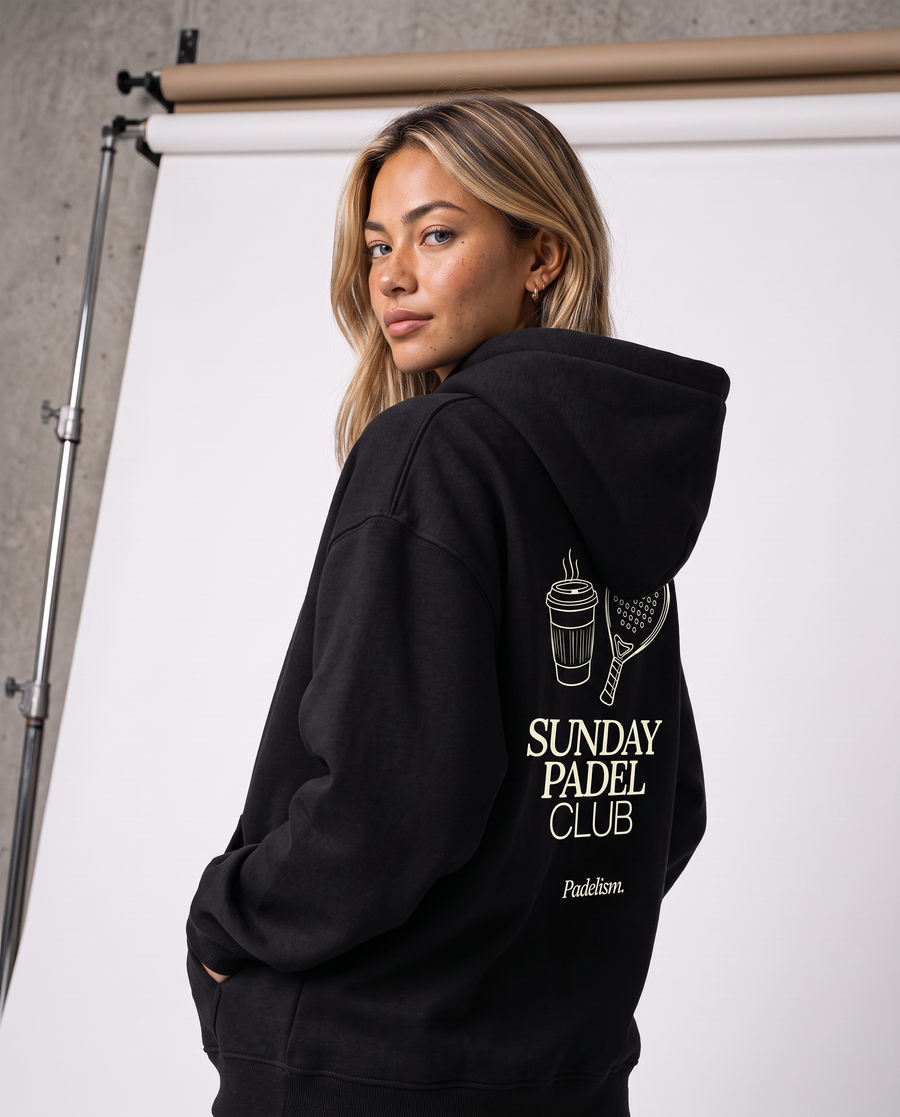 Sunday Padel Club Hoodie in Black — female model, back detail