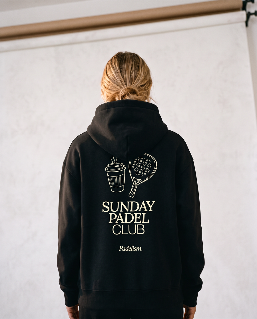 Sunday Padel Club Hoodie in Black — female model, back print