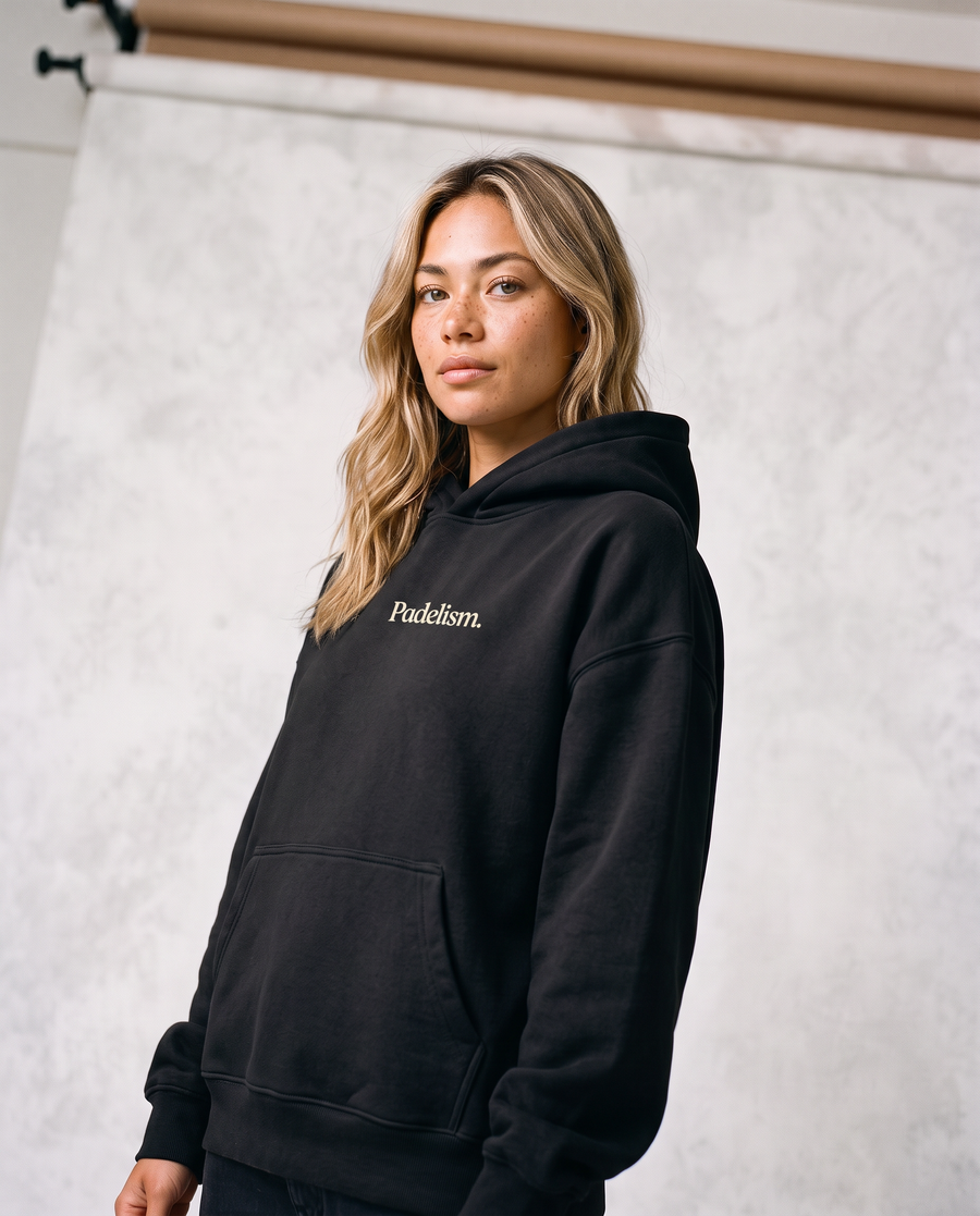 Sunday Padel Club Hoodie in Black — female model, front