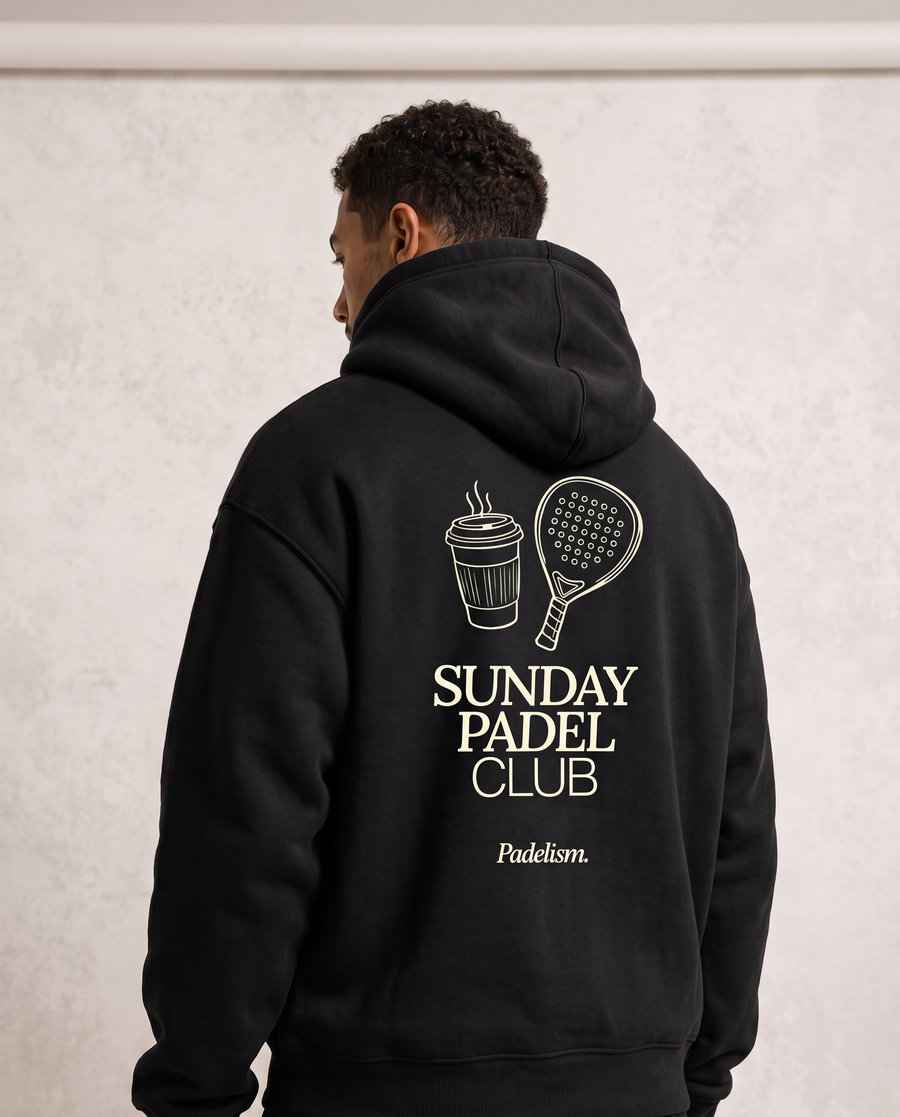 Sunday Padel Club Hoodie in Black — male model, back detail