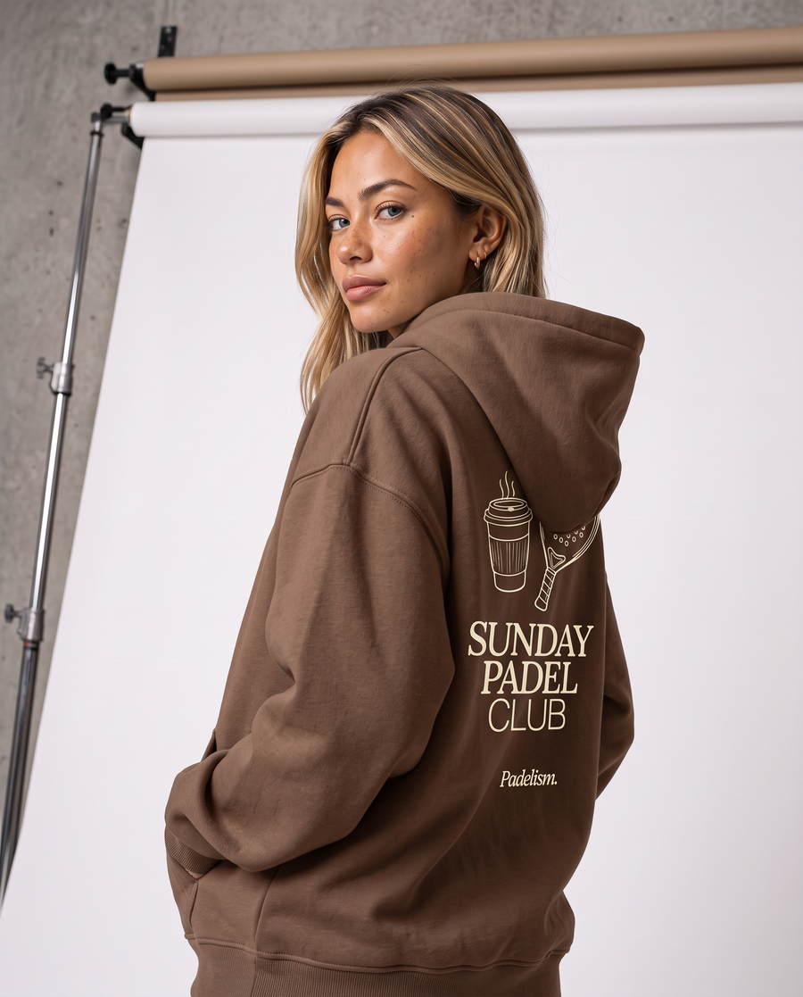 Sunday Padel Club Hoodie in Brown — female model, back detail