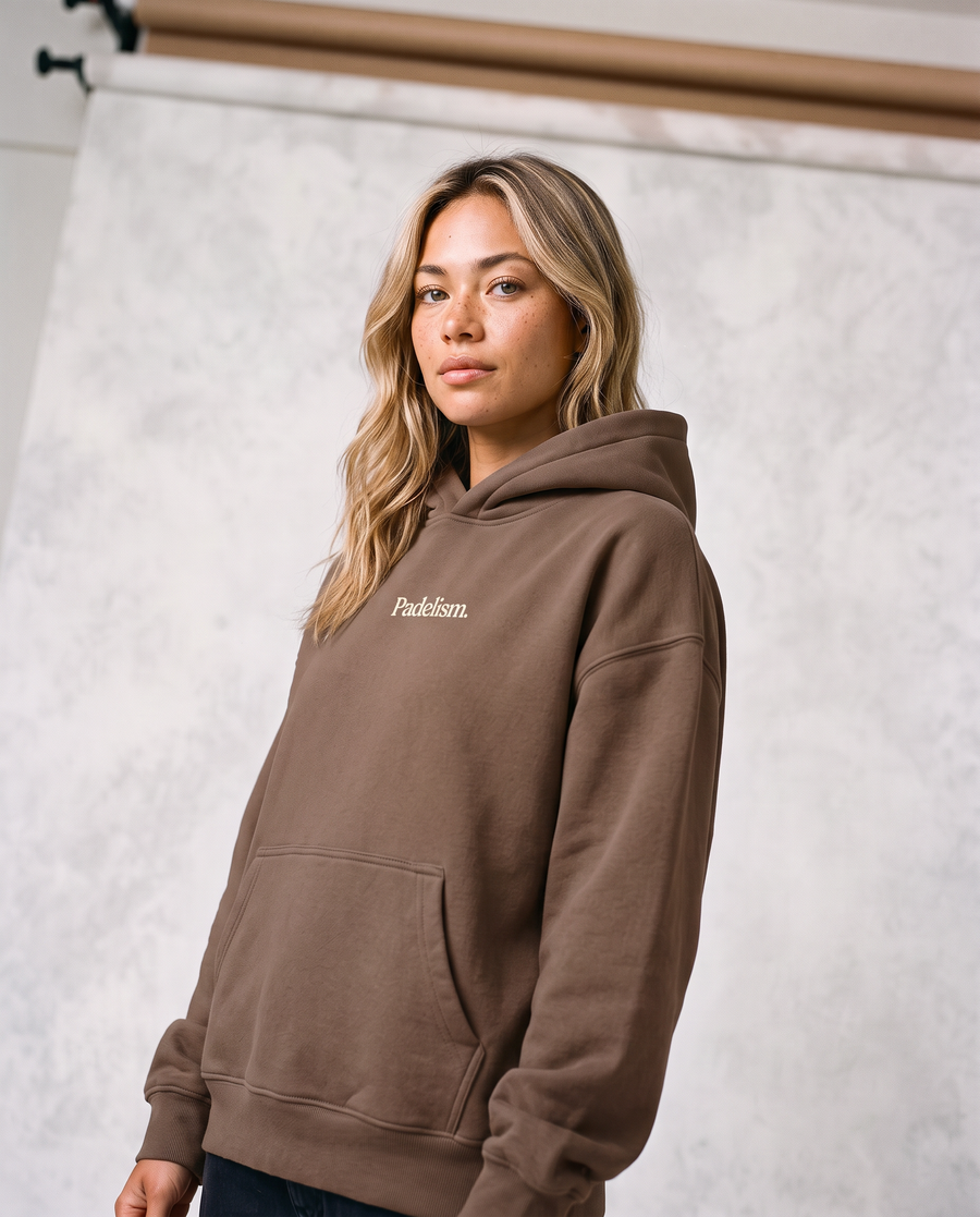 Sunday Padel Club Hoodie in Brown — female model, front