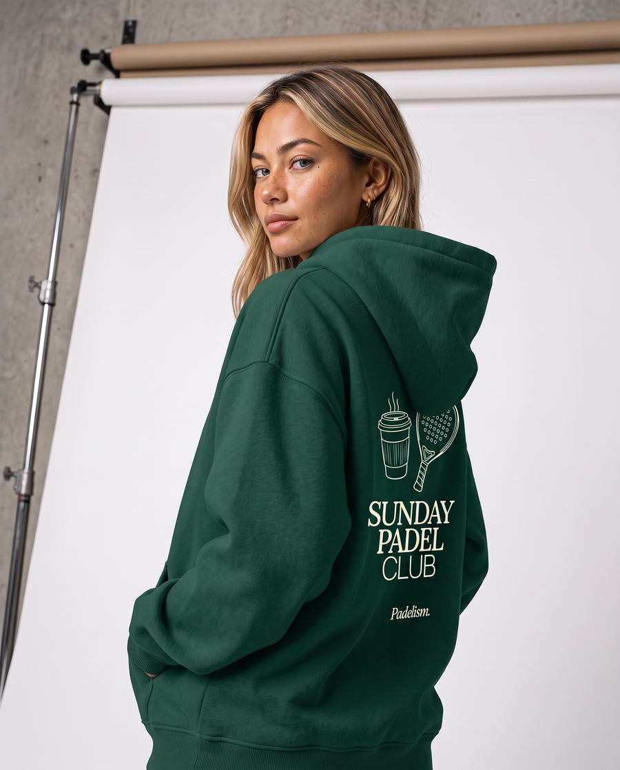 Sunday Padel Club Hoodie in Eden Green — female model, back detail