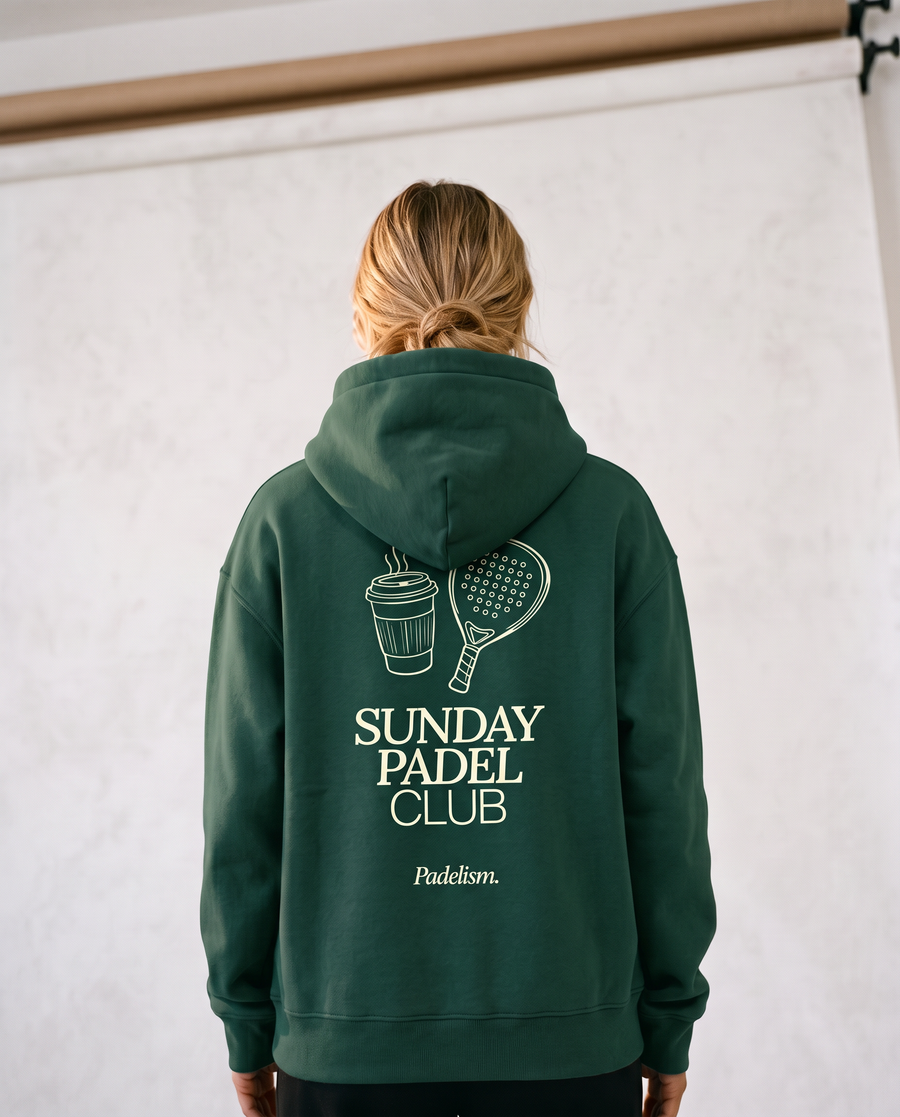Sunday Padel Club Hoodie in Eden Green — female model, back print