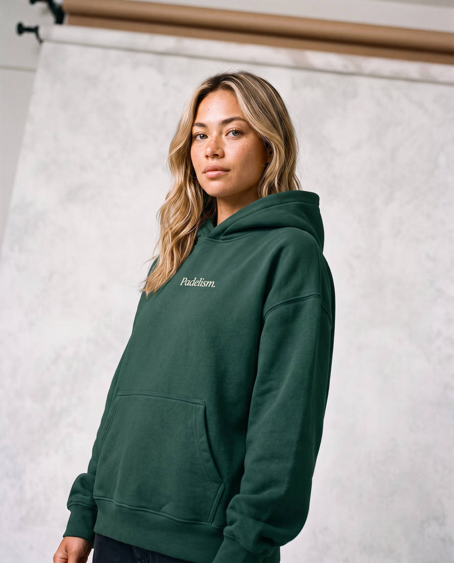 Sunday Padel Club Hoodie in Eden Green — female model, front