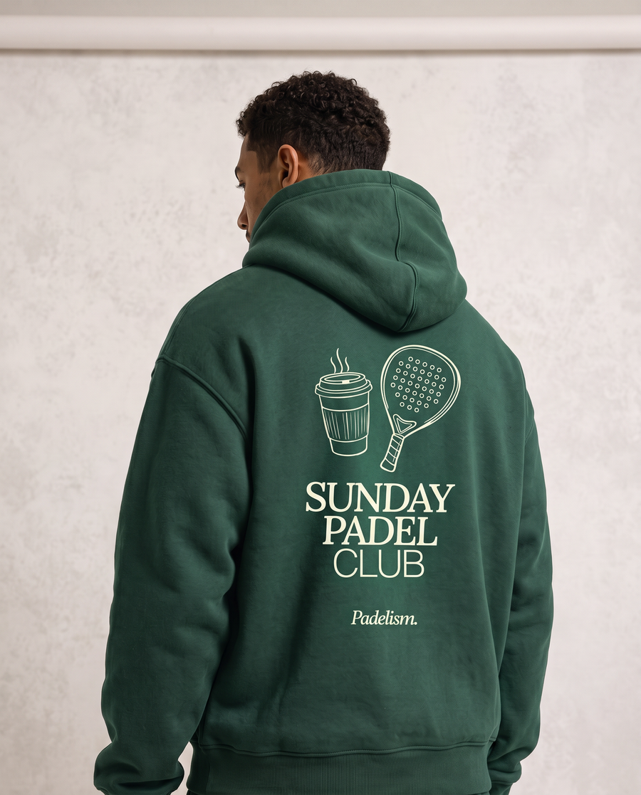 Sunday Padel Club Hoodie in Eden Green — male model, back detail