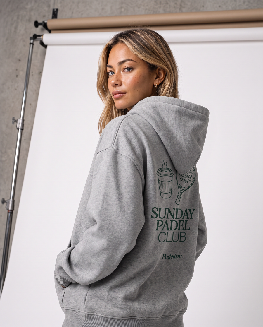 Sunday Padel Club Hoodie in Flower Gray — female model, back detail