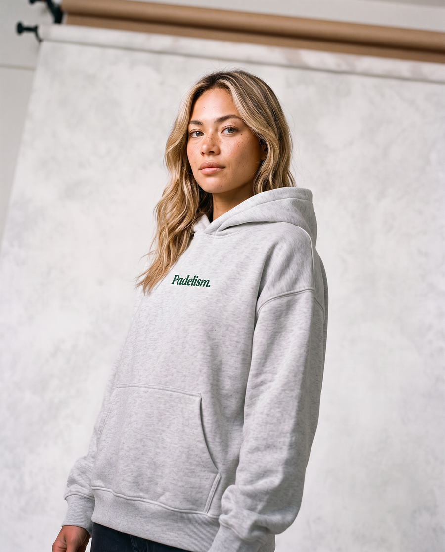 Sunday Padel Club Hoodie in Flower Gray — female model, front