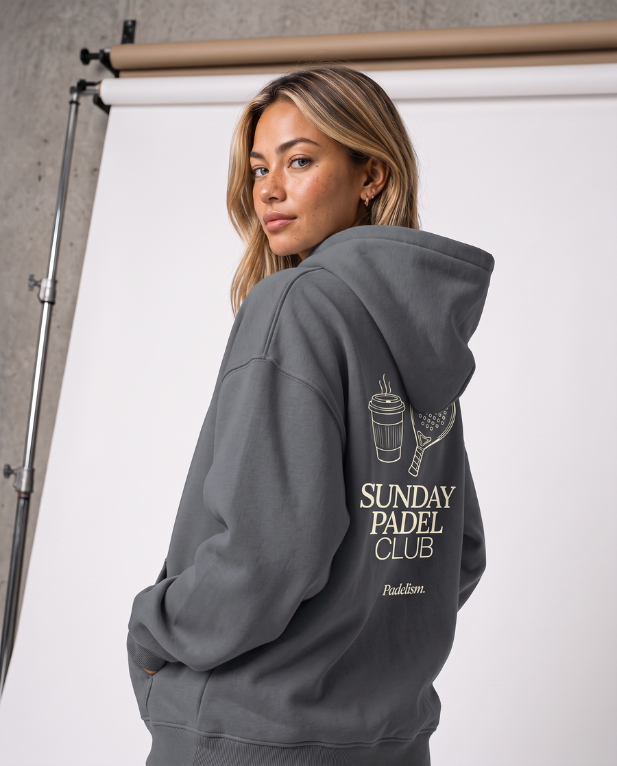 Sunday Padel Club Hoodie in Gray — female model, back detail
