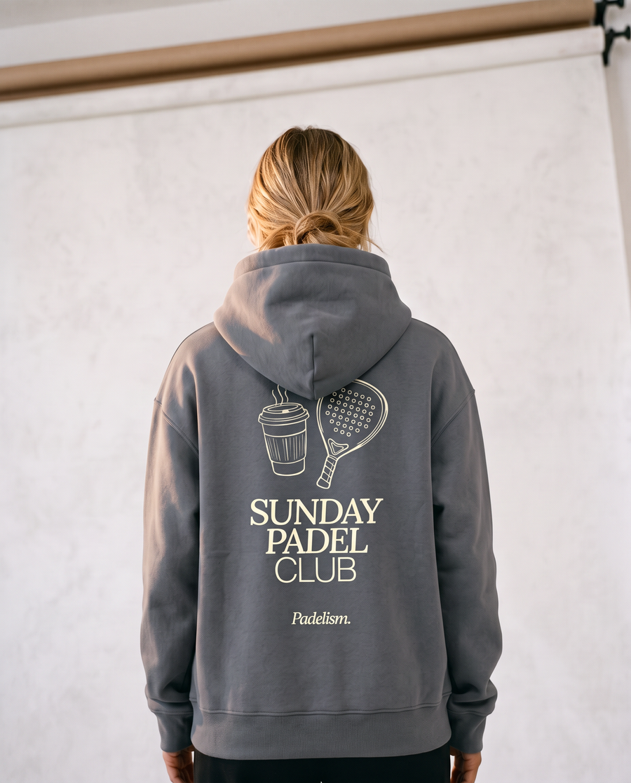 Sunday Padel Club Hoodie in Gray — female model, back print