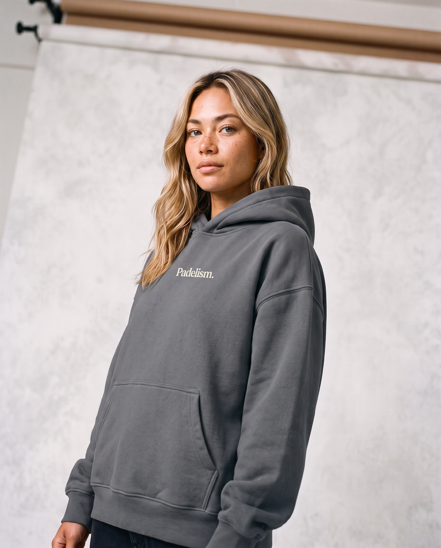 Sunday Padel Club Hoodie in Gray — female model, front