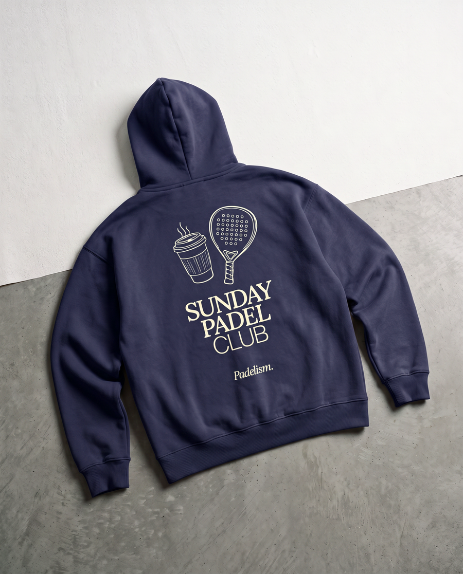Sunday Padel Club Hoodie in Navy Blue — detail, flat lay back print