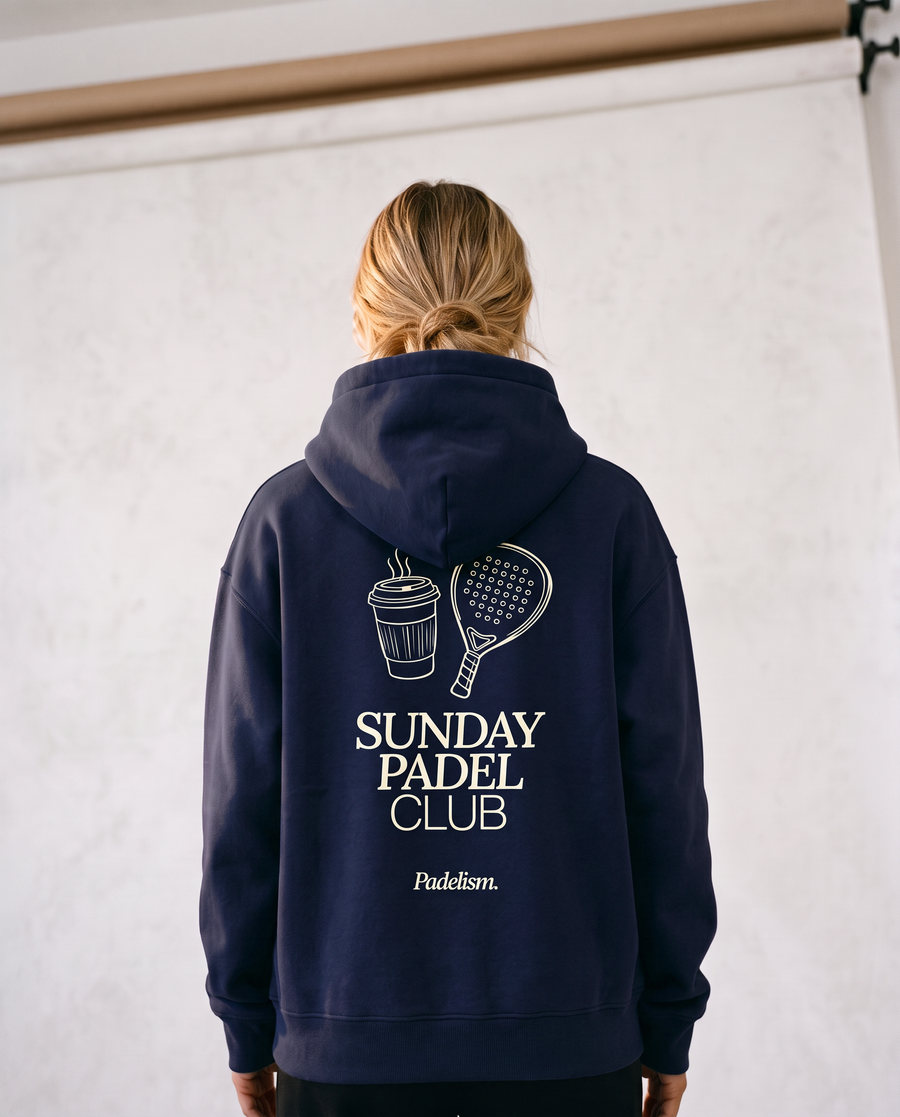 Sunday Padel Club Hoodie in Navy Blue — female model, back detail