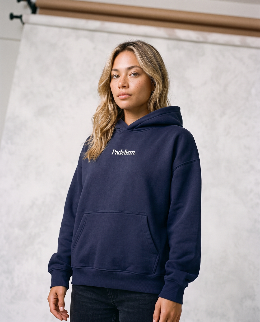 Sunday Padel Club Hoodie in Navy Blue — female model, back print