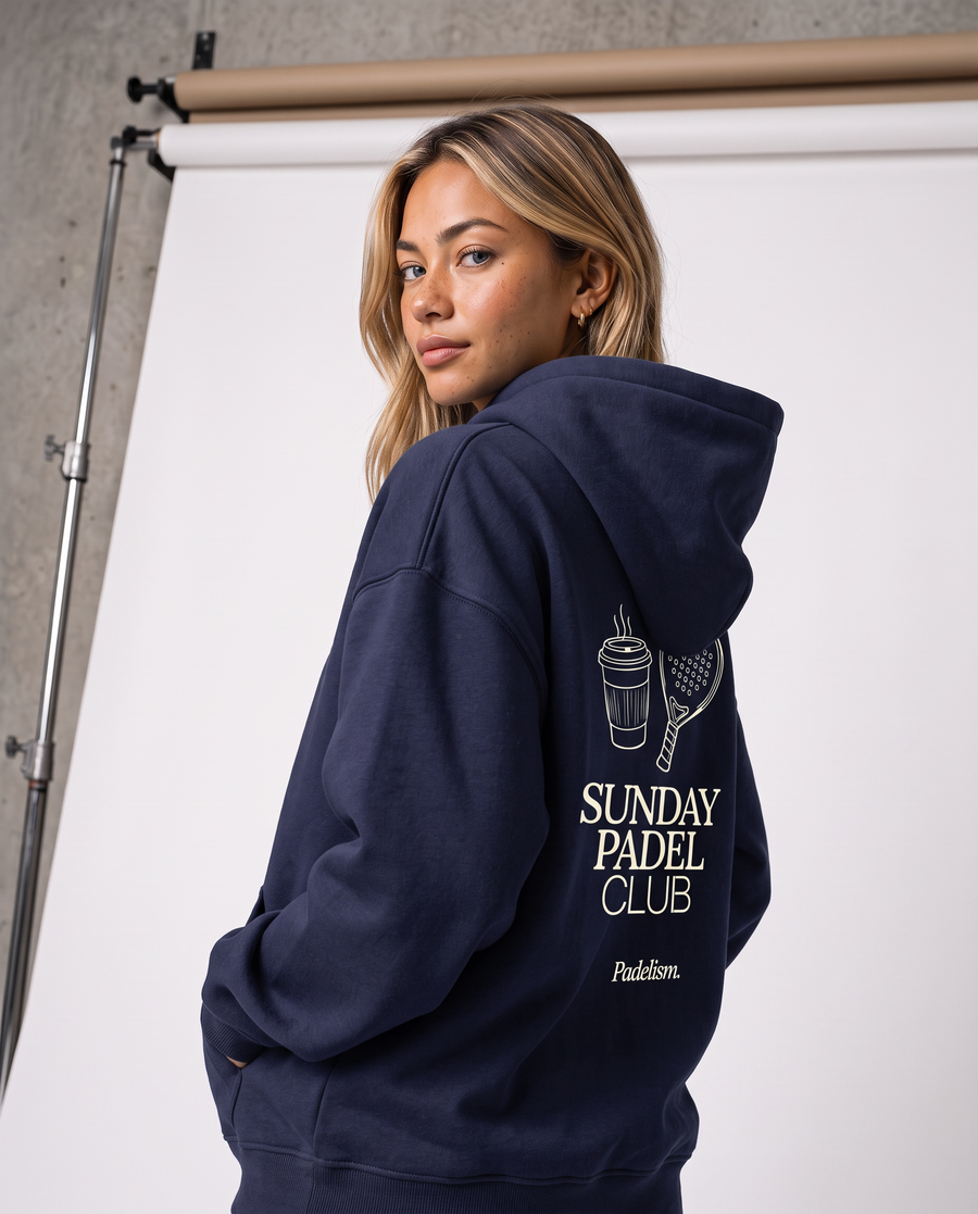 Sunday Padel Club Hoodie in Navy Blue — female model, front