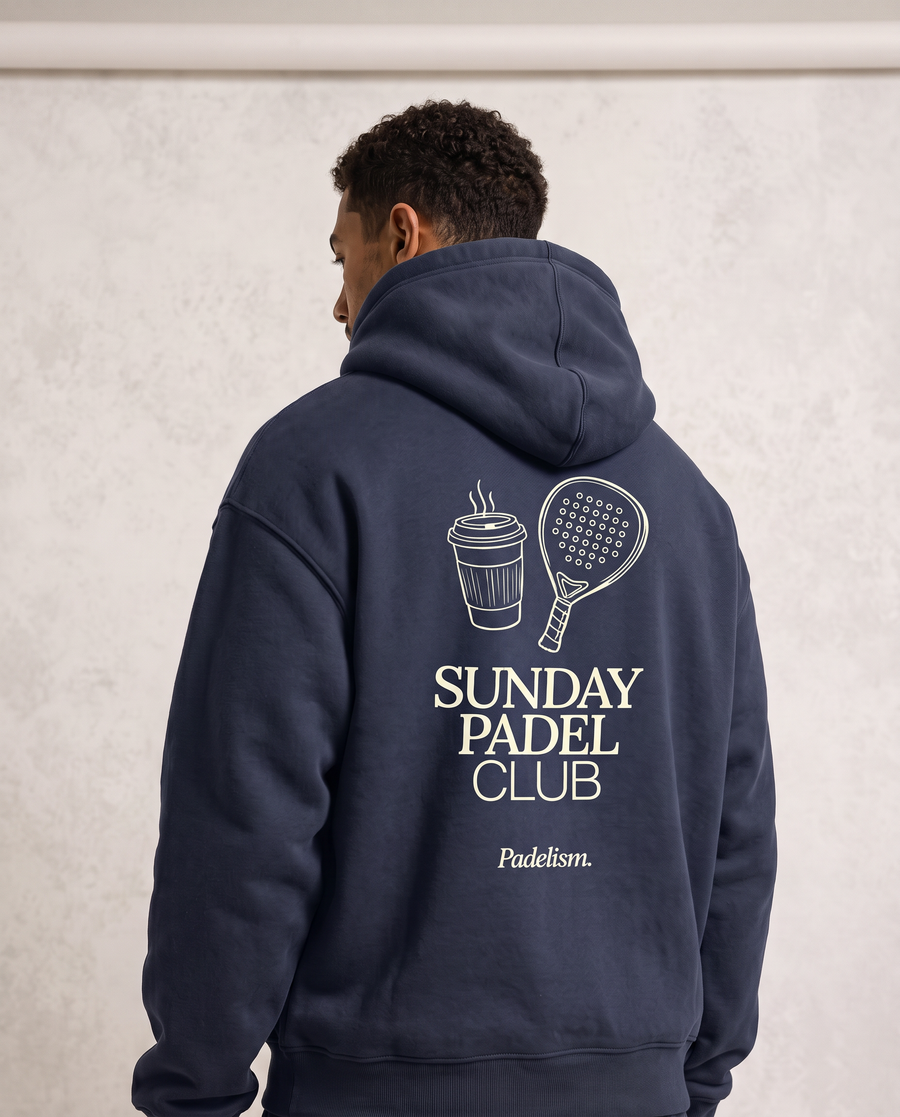 Sunday Padel Club Hoodie in Navy Blue — male model, back detail