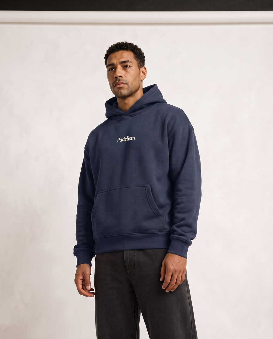 Sunday Padel Club Hoodie in Navy Blue — male model, back print