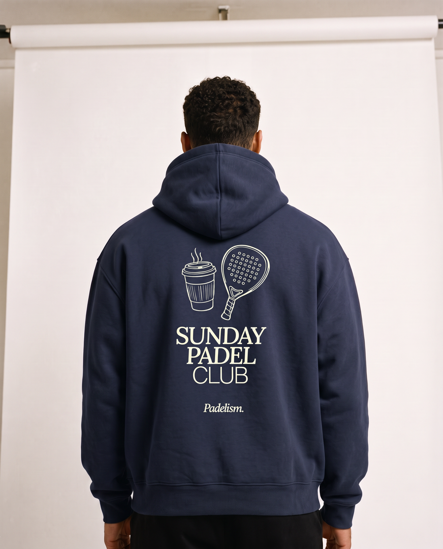 Sunday Padel Club Hoodie in Navy Blue — male model, front