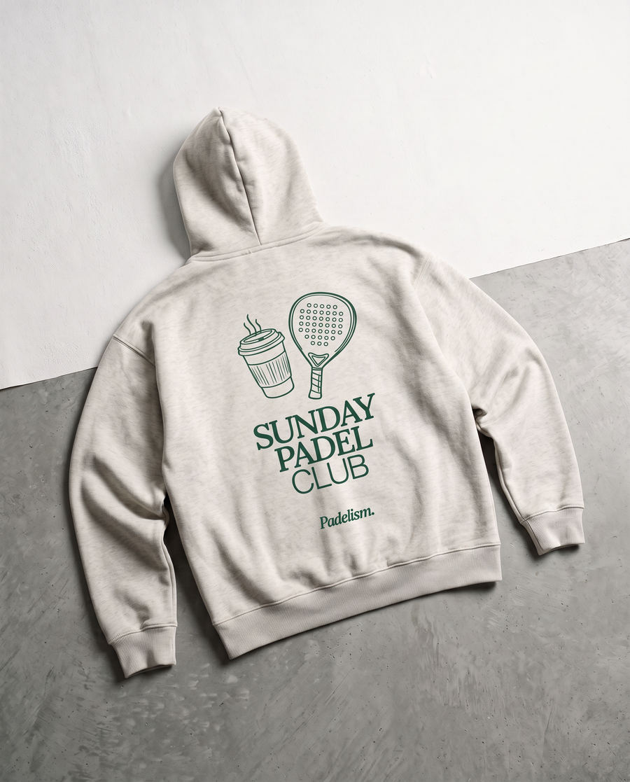 Sunday Padel Club Hoodie in Oat Gray — detail, flat lay back print