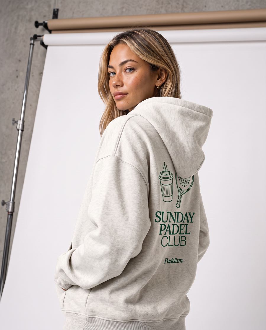 Sunday Padel Club Hoodie in Oat Gray — female model, back detail