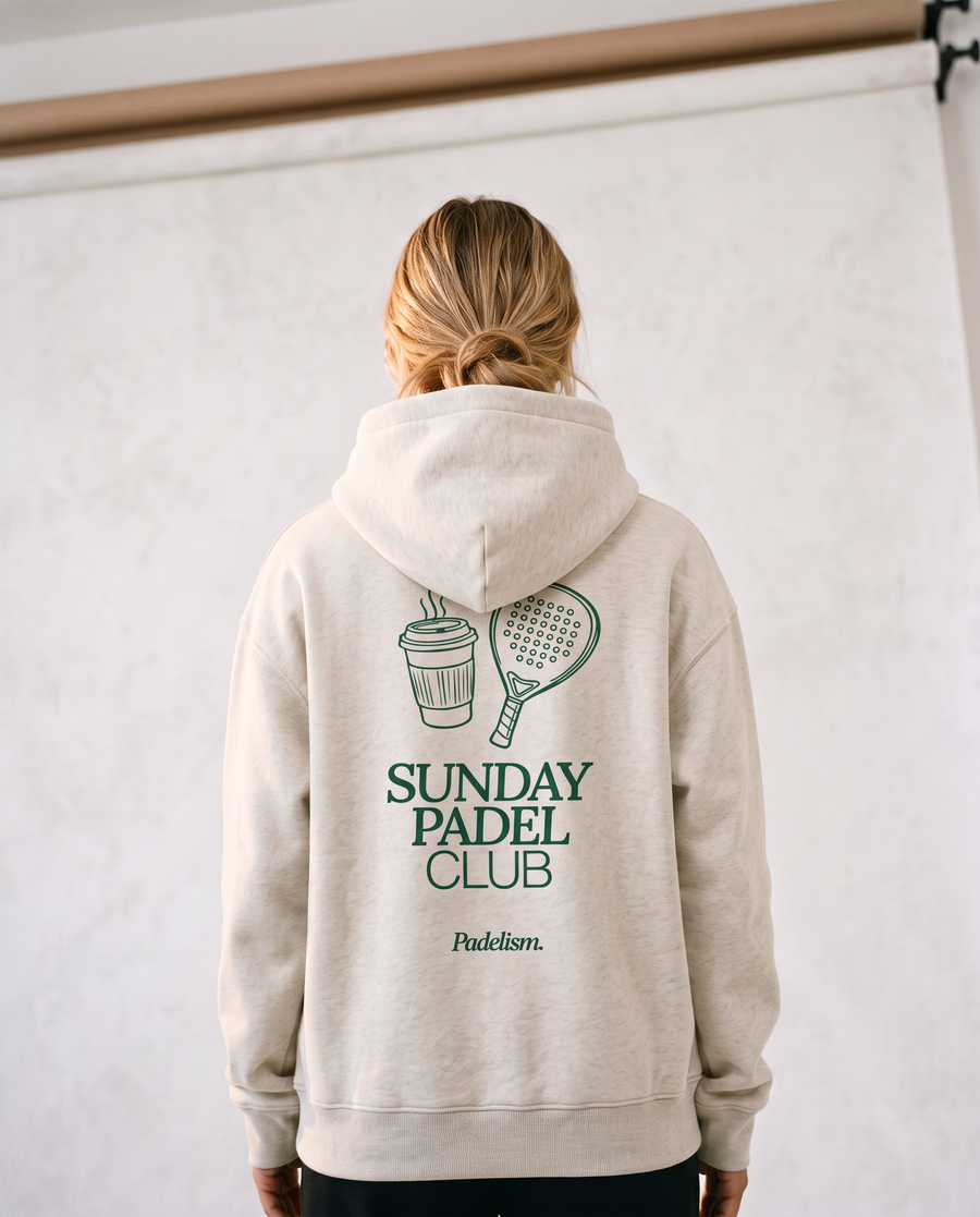 Sunday Padel Club Hoodie in Oat Gray — female model, back print