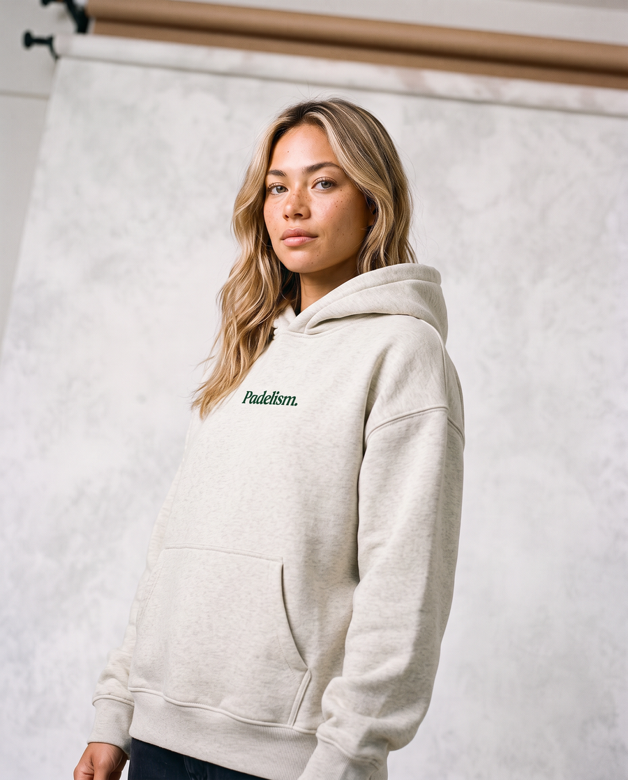 Sunday Padel Club Hoodie in Oat Gray — female model, front