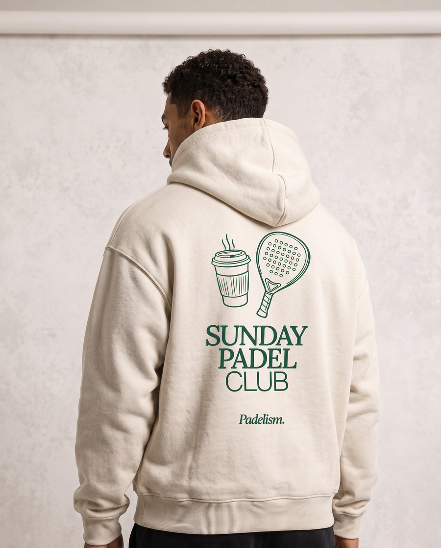 Sunday Padel Club Hoodie in Oat Gray — male model, back detail