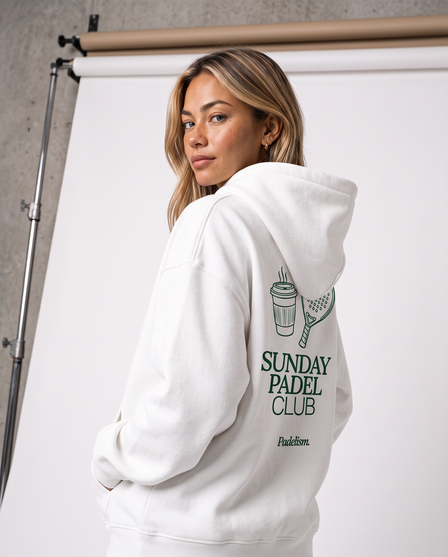 Sunday Padel Club Hoodie in White — female model, back detail