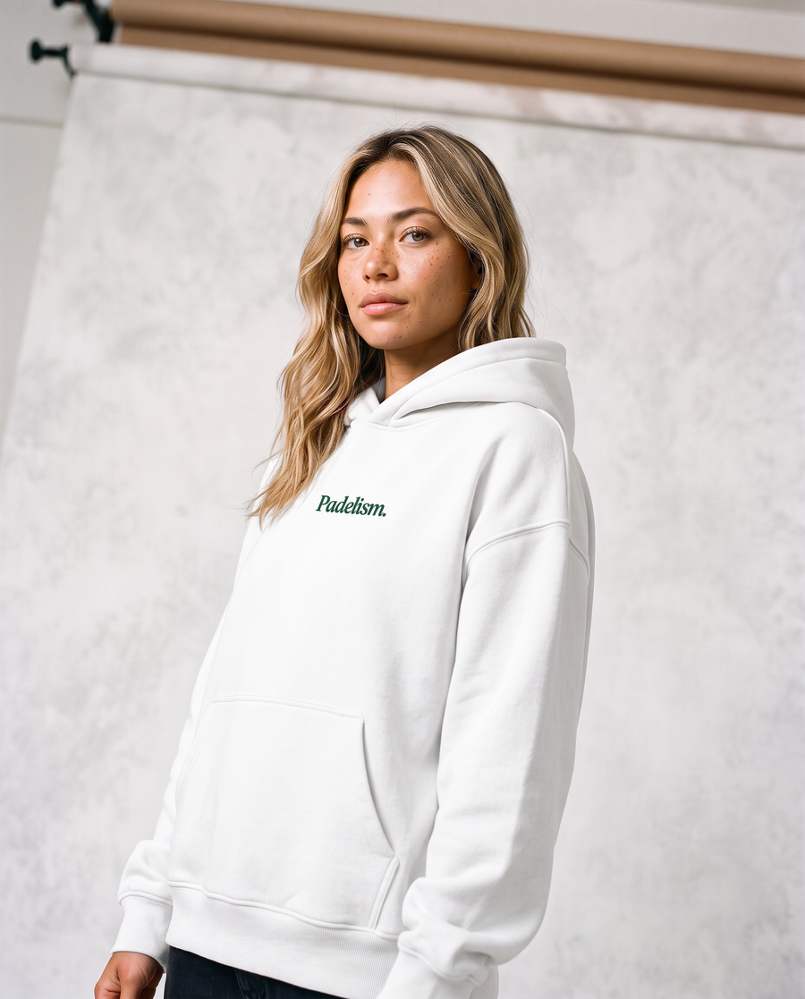 Sunday Padel Club Hoodie in White — female model, front