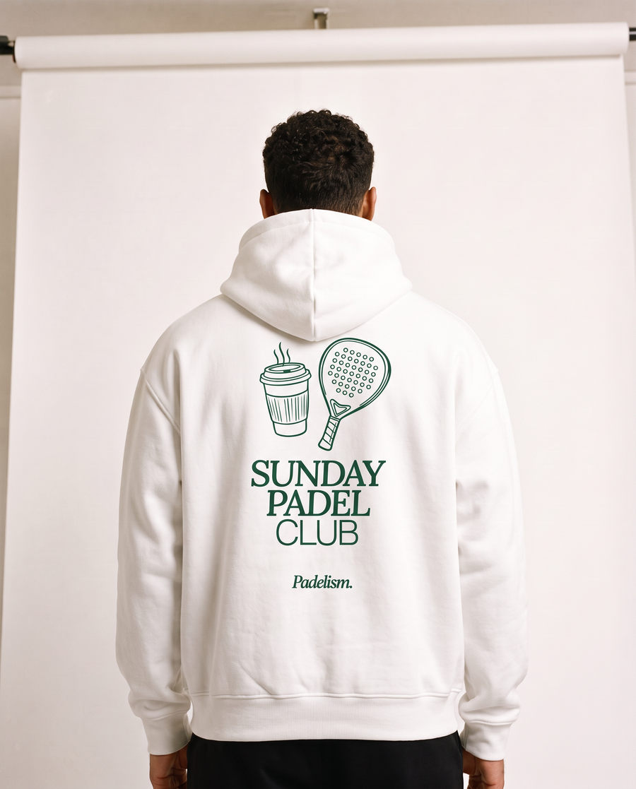 Sunday Padel Club Hoodie in White — male model, back detail