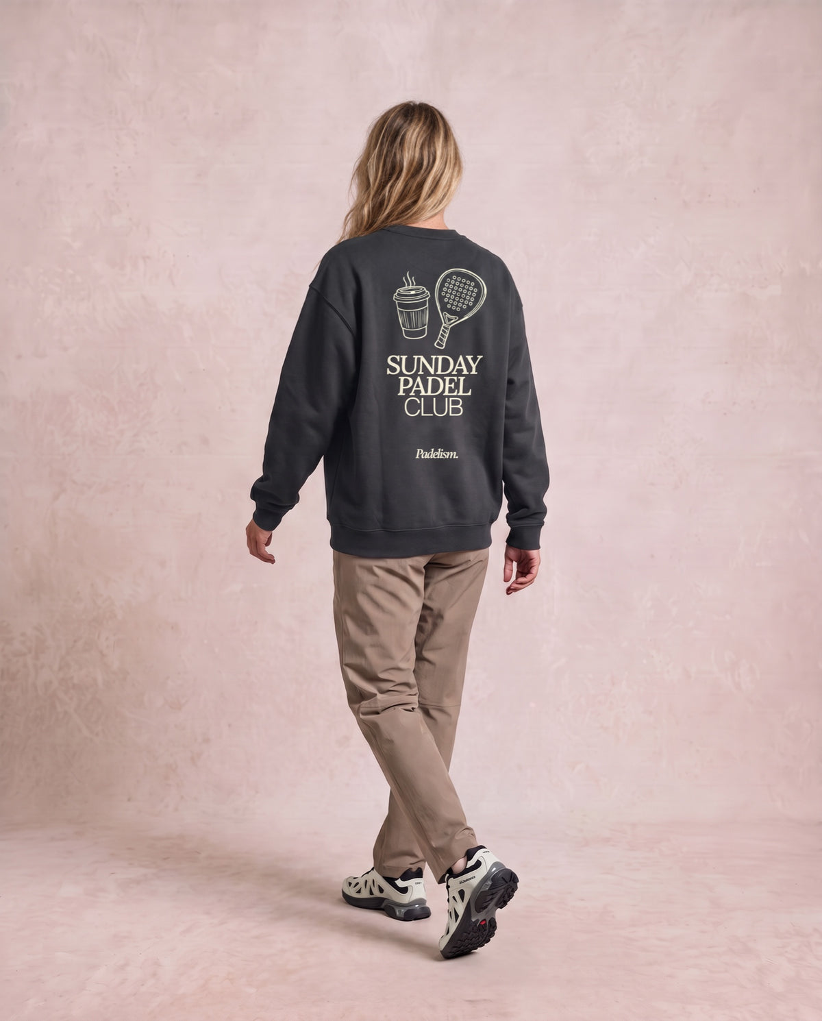 Sunday Padel Club Sweatshirt in Dark Gray, worn on model, woman, back walk