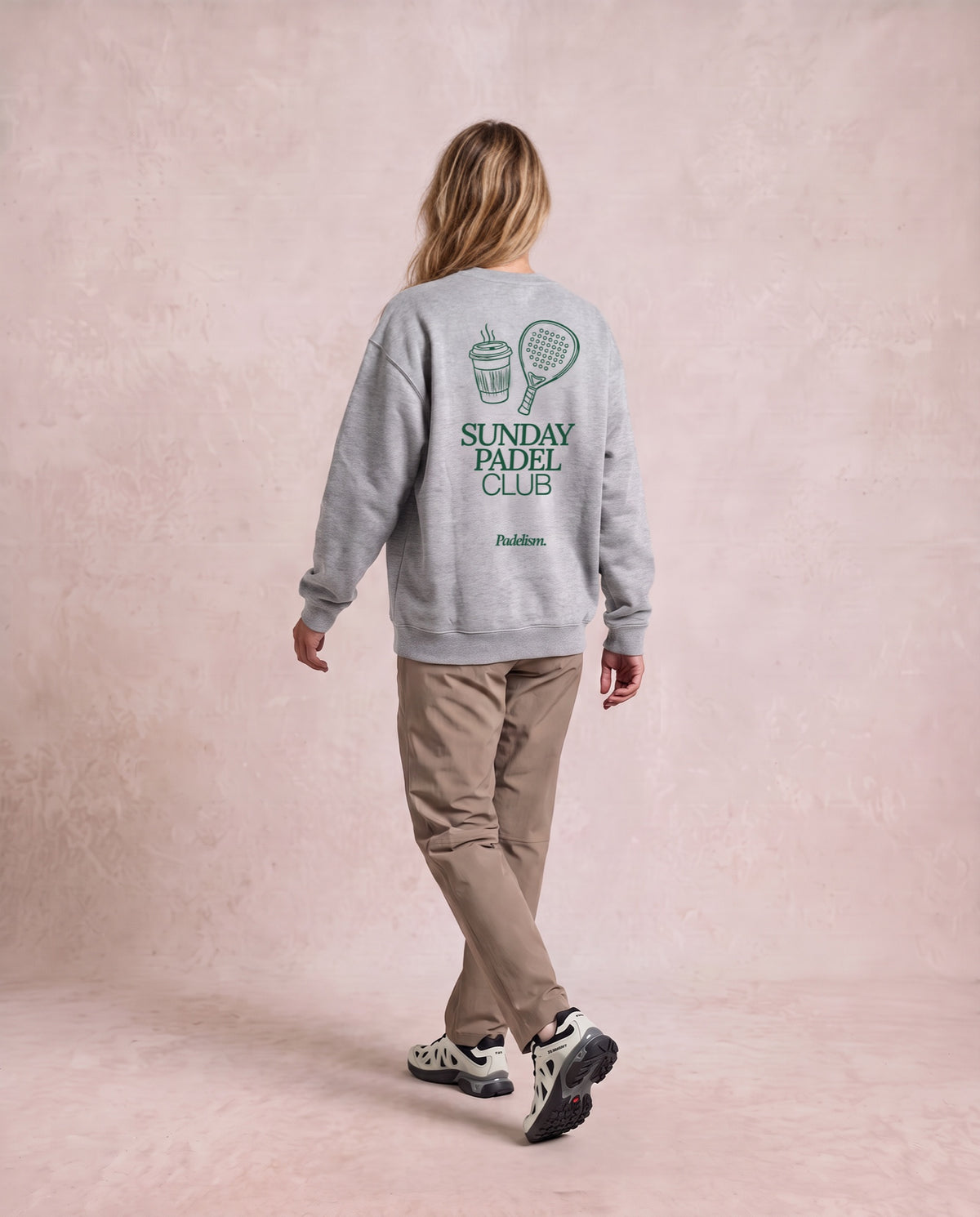 Sunday Padel Club Sweatshirt in Flower Gray, worn on model, woman, back walk