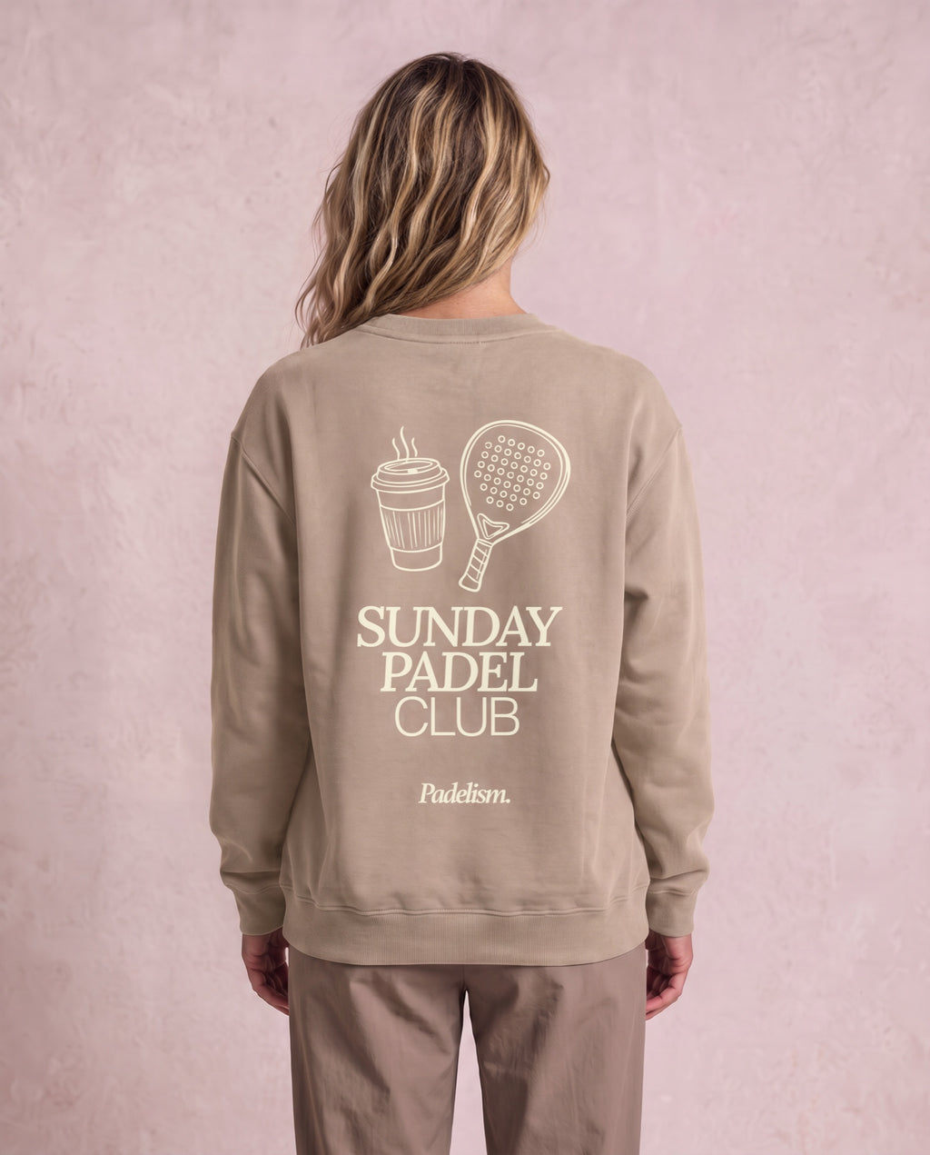 Sunday Padel Club Sweatshirt in Gray Apricot, worn on model, woman, back close