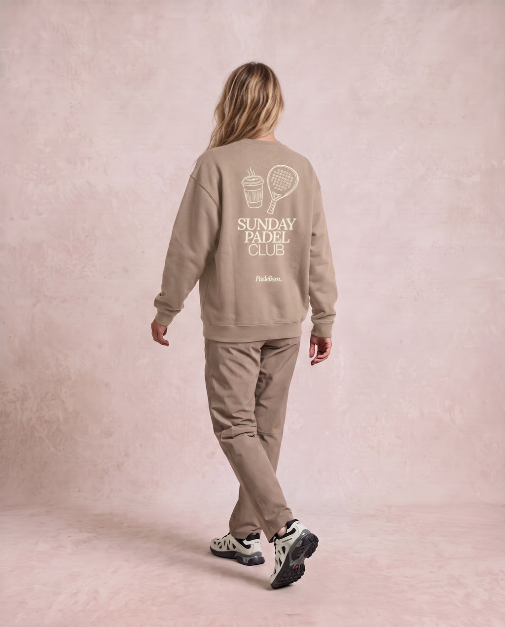 Sunday Padel Club Sweatshirt in Gray Apricot, worn on model, woman, back walk