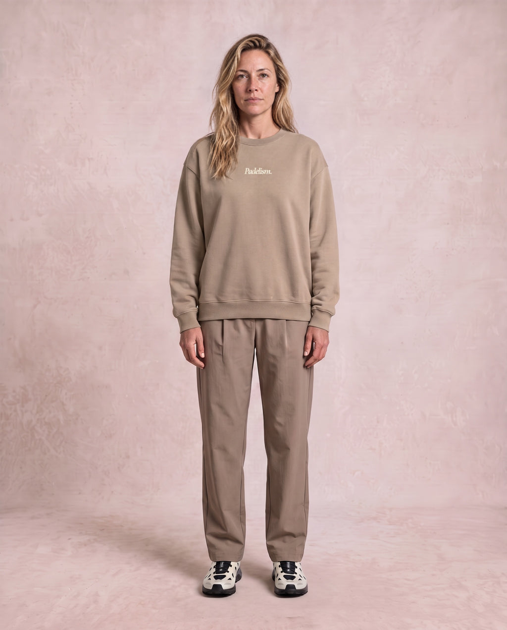Sunday Padel Club Sweatshirt in Gray Apricot, worn on model, woman, front