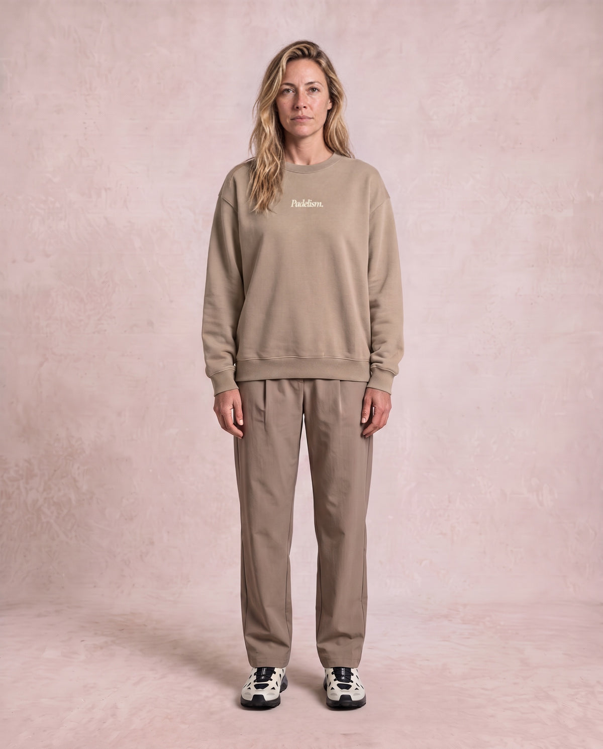 Sunday Padel Club Sweatshirt in Gray Apricot, worn on model, woman, front