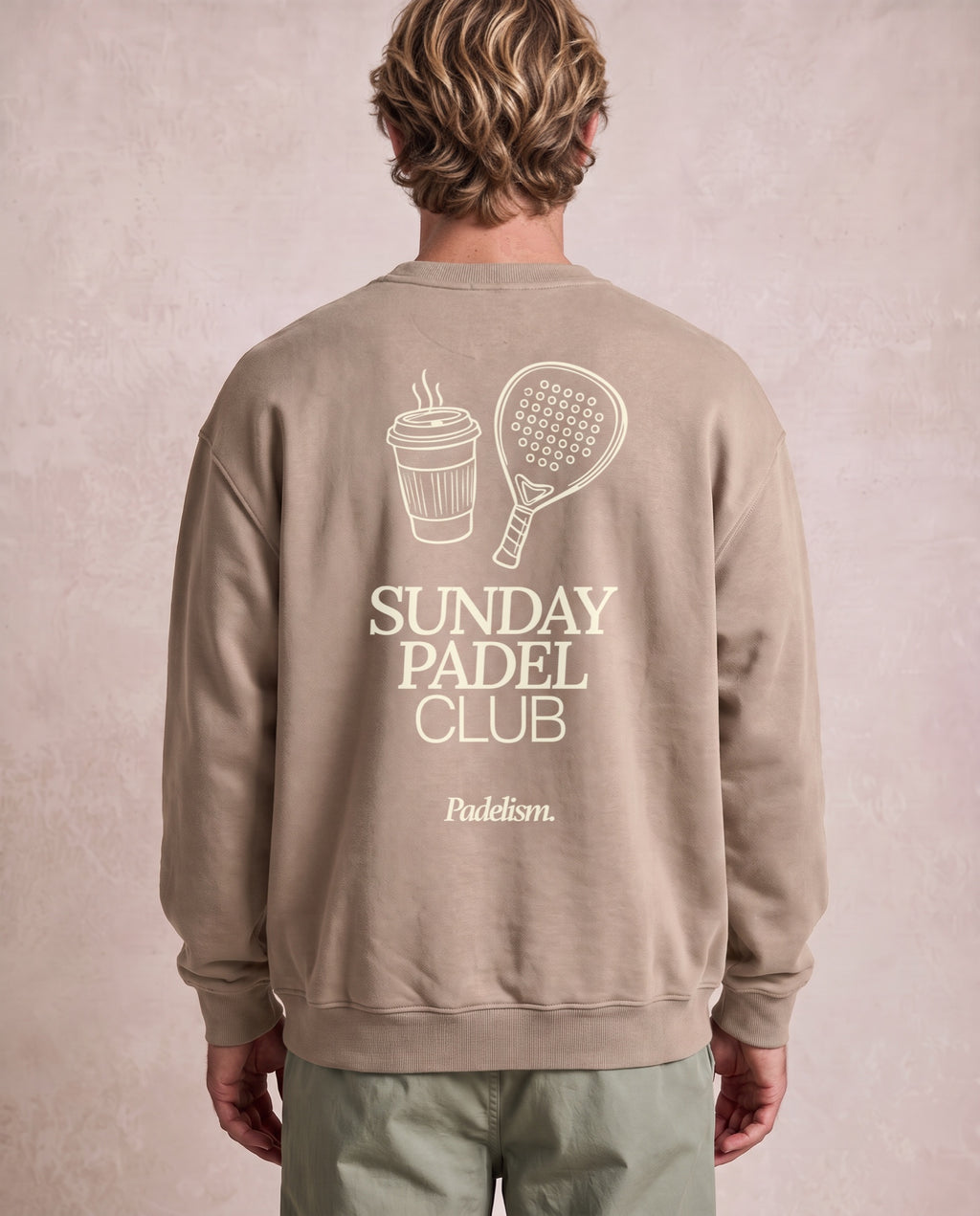 Sunday Padel Club Sweatshirt in Gray Apricot, worn on model, man, back close