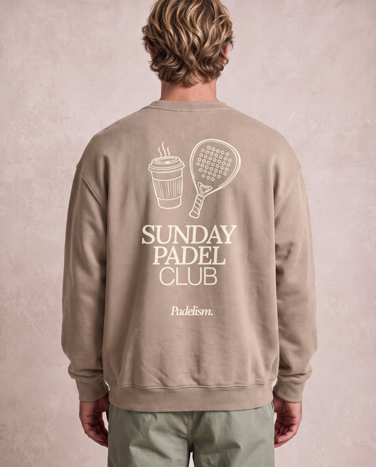 Sunday Padel Club Sweatshirt in Gray Apricot, worn on model, man, back close