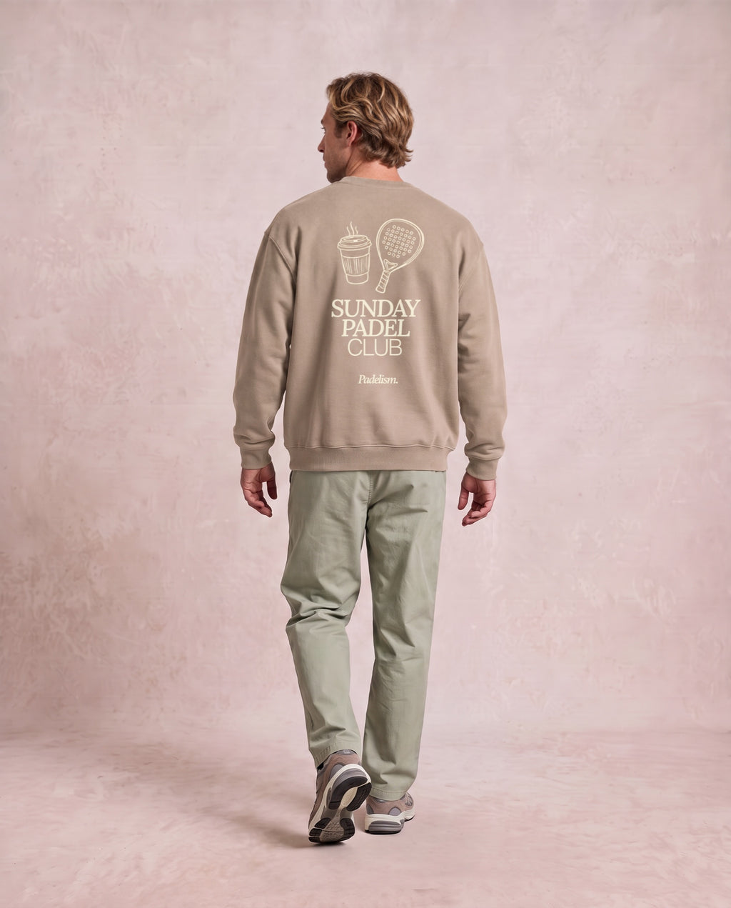 Sunday Padel Club Sweatshirt in Gray Apricot, worn on model, man, back walk