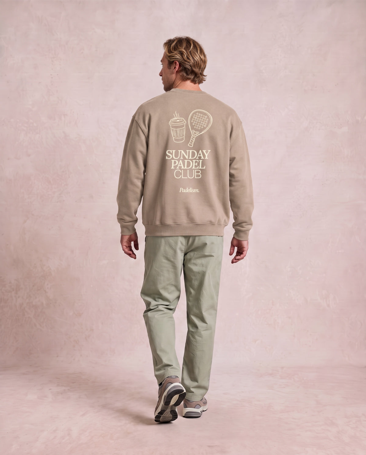 Sunday Padel Club Sweatshirt in Gray Apricot, worn on model, man, back walk