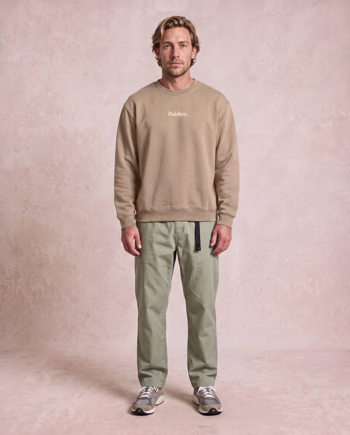 Sunday Padel Club Sweatshirt in Gray Apricot, worn on model, man, front