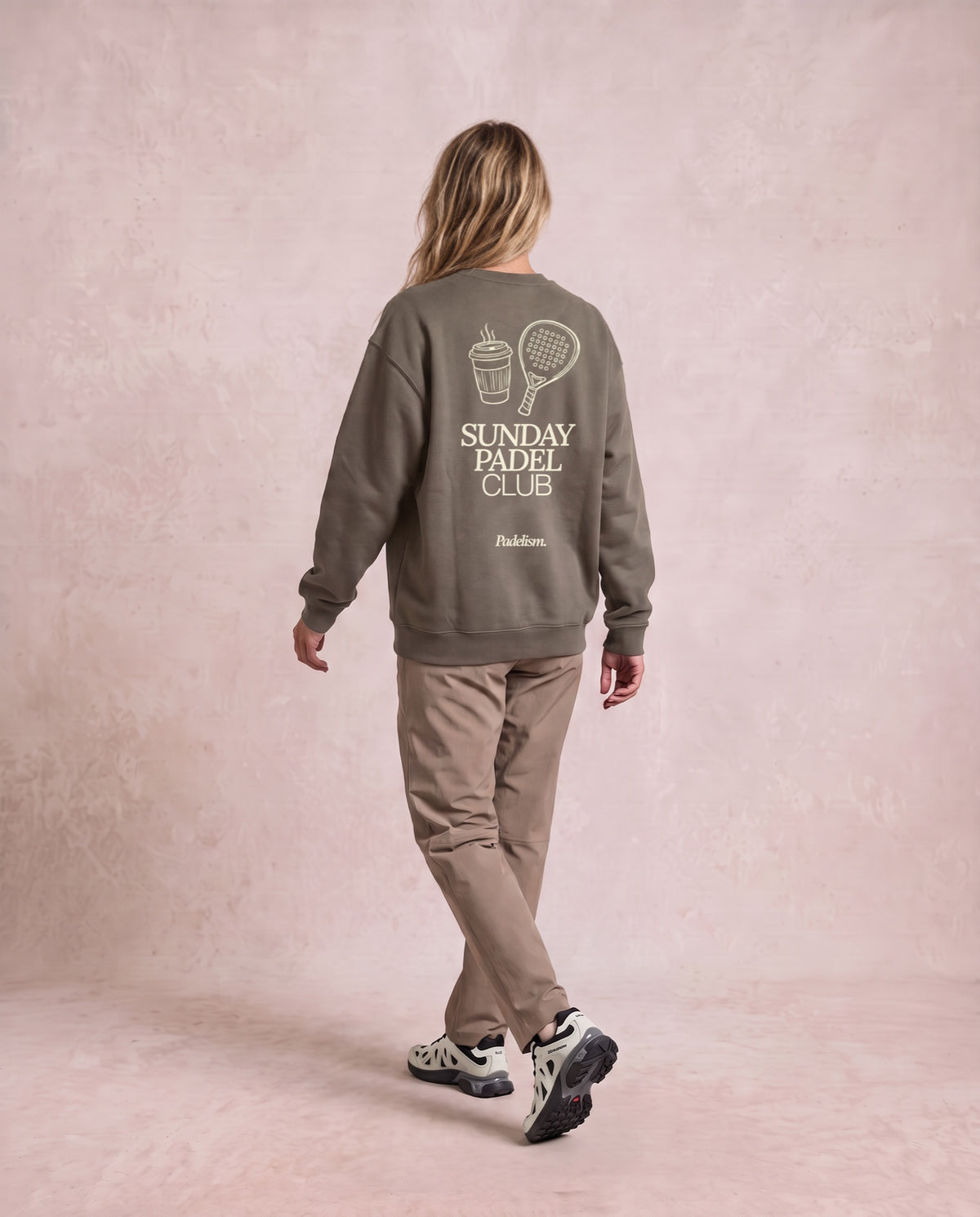 Sunday Padel Club Sweatshirt in Gray Coffee, worn on model, woman, back walk