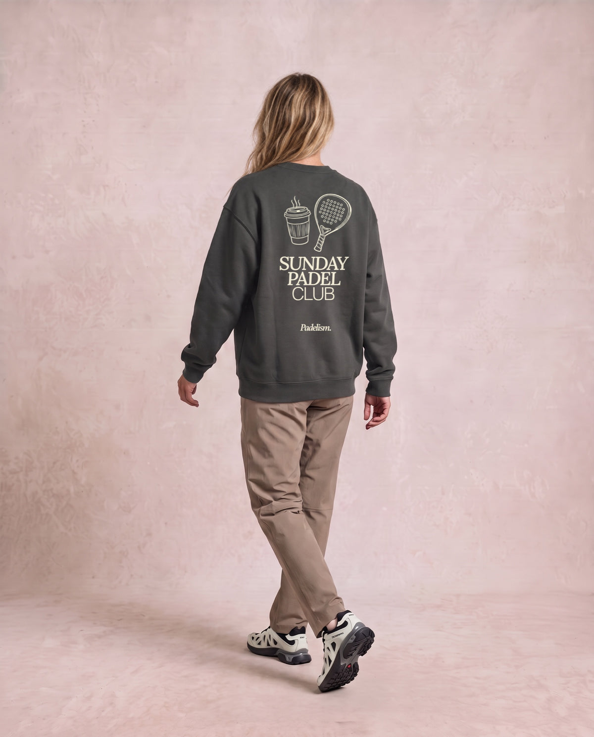 Sunday Padel Club Sweatshirt in Gray, worn on model, woman, back walk