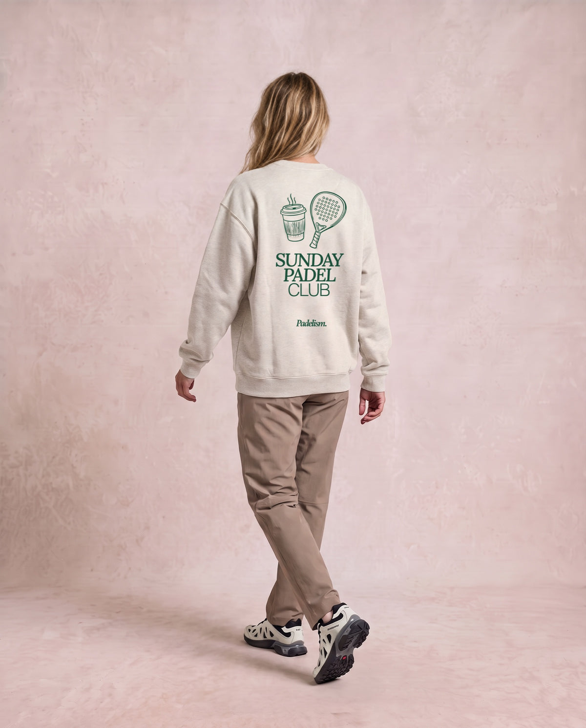 Sunday Padel Club Sweatshirt in Oat Gray, worn on model, woman, back walk