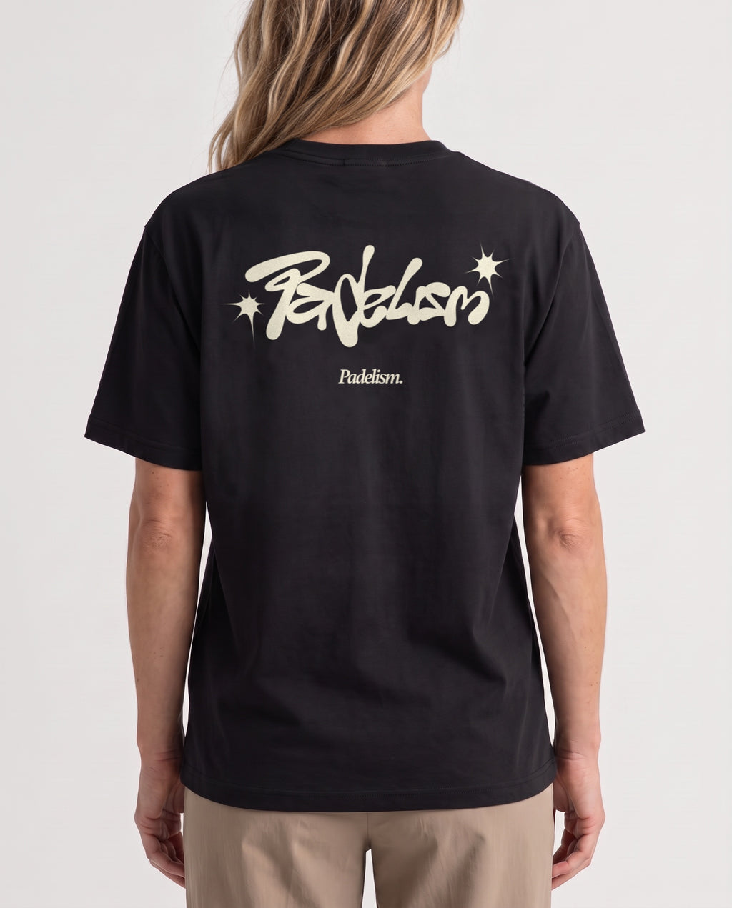 Vibe - Heavyweight T-Shirt in Black, worn on model, woman, back close