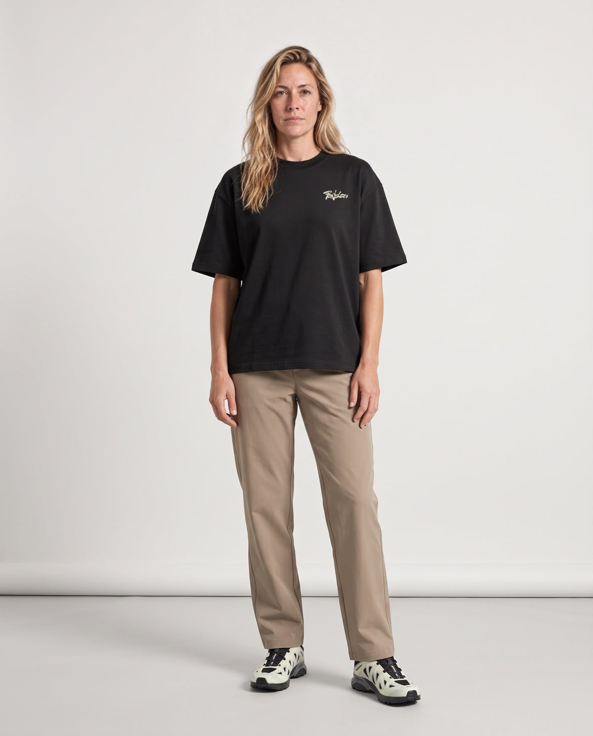 Vibe - Heavyweight T-Shirt in Black, worn on model, woman, front